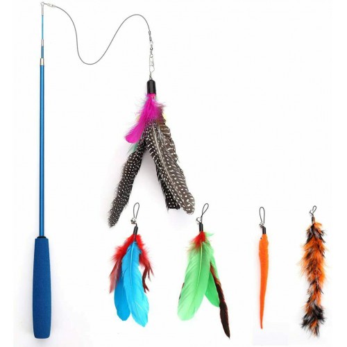 Feather Teaser Cat Toy Retractable Cat Feather Toy Wand with 5 Assorted Teaser