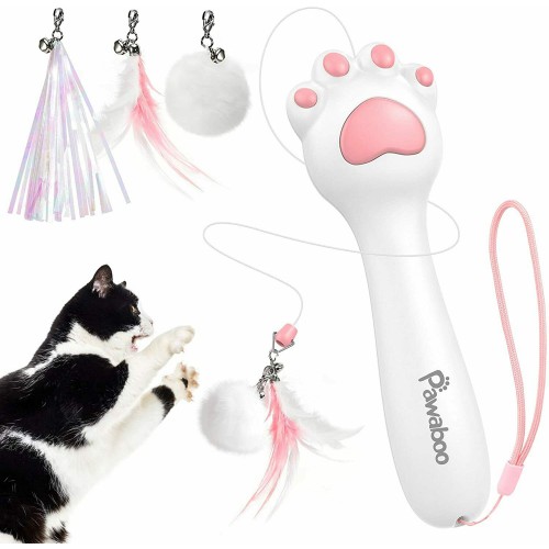 Pawaboo Cat Fun Feather Teaser Toy One-Click Recycling Cat Wand Interactive Toys