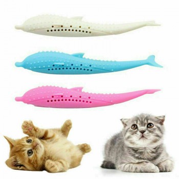 Pet Cat Silicone Catnip Toothbrush Fish Shape Molar Stick Teeth Cleaning Toy
