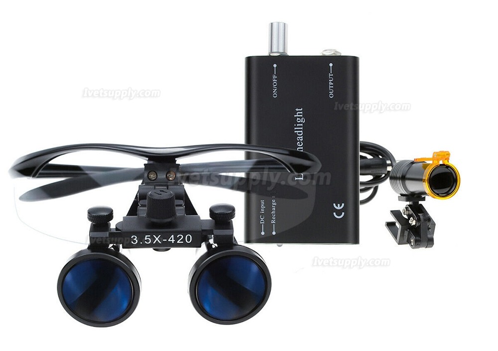 Veterinary 3.5X Binocular Loupes + 5W LED Head Light w/ Filter + Aluminum Box Black