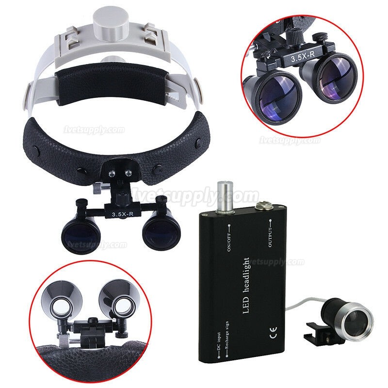 Veterinary Surgical Binocular 3.5X420mm Leather Headband Loupe + LED Headlight Black