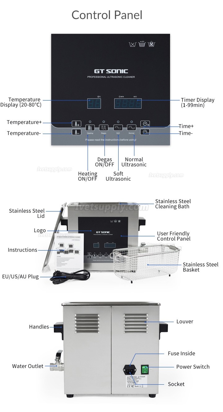 GT SONIC D-Series 2-27L 100-500W Digital Ultrasonic Cleaner with Hot Water Cleaning