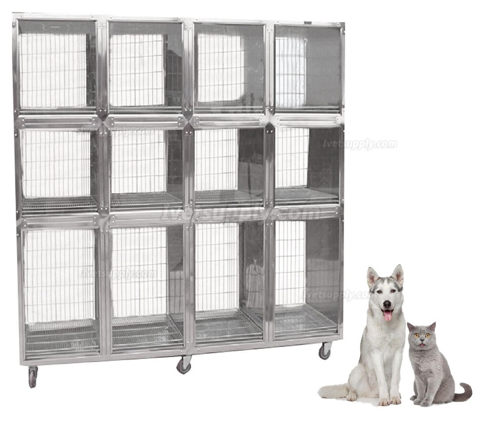 Veterinary Stainless Steel Mobile Animal Dog Cage Grooming Cage Banks - 12 Units Veterinary Stainless Steel Mobile Animal Dog Cage Grooming Cage Banks - 12 Units